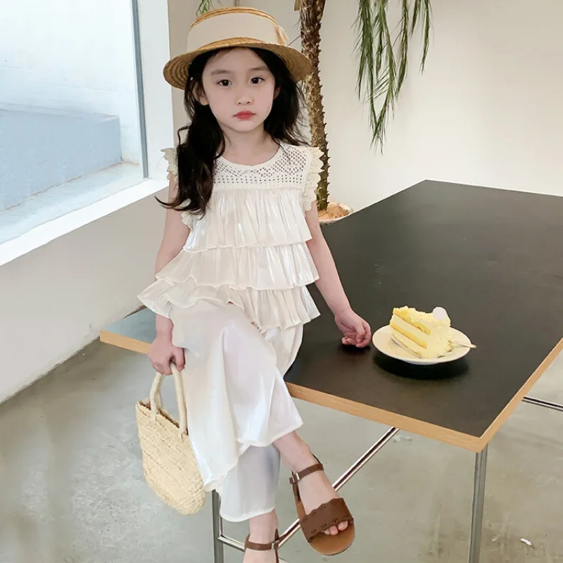 

Girls Trendy and Stylish 2025 Summer New Style Cake Sleeveless Top Casual Pants Two Piece Set