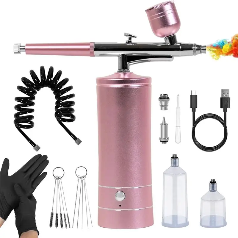 A84E-Airbrush Kit With Air Compressor&Gloves-27PSI High Pressure Airbrushwith Hose Wireless Airbrush For Model Painting Pink Dur