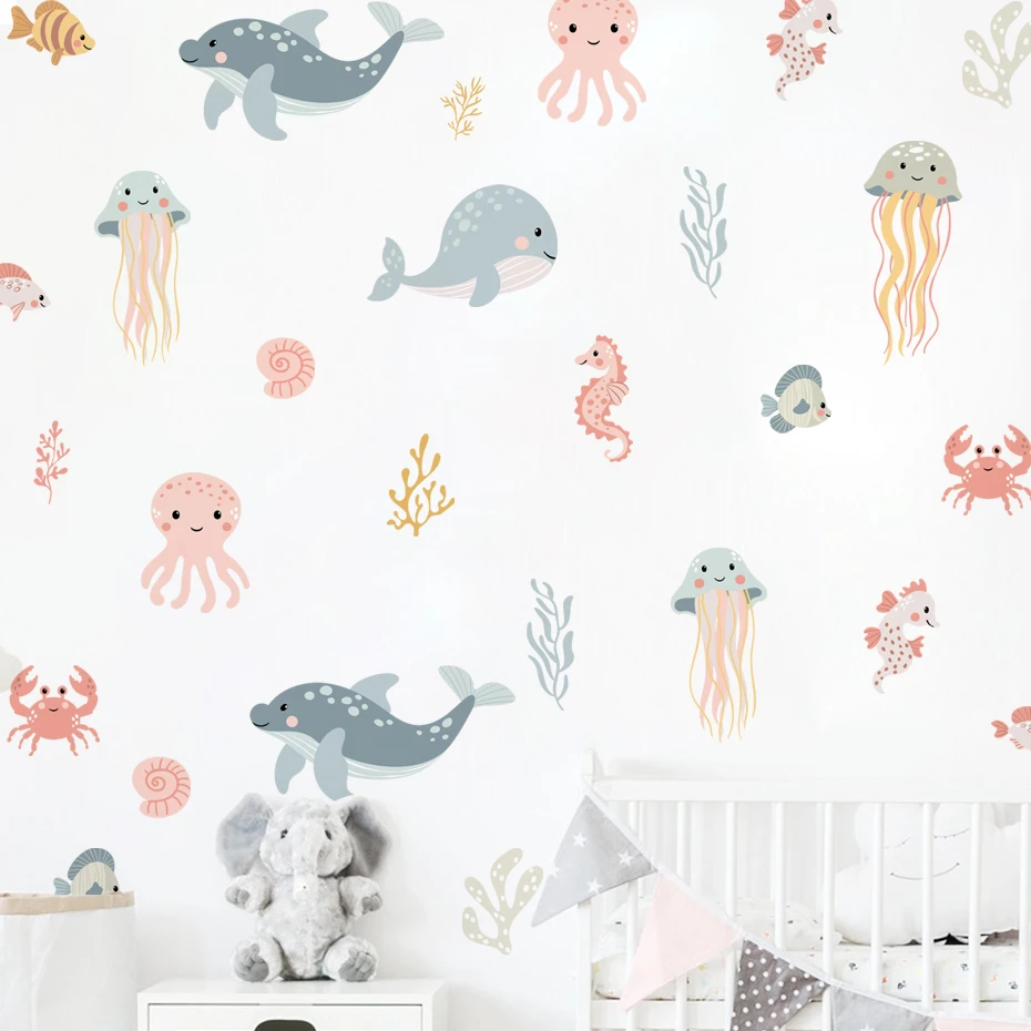 Watercolor Cartoon Ocean Fish Animal Wall Sticker Living Room Bedroom Sea Life Beach Landscape Wall Decal Home Decor