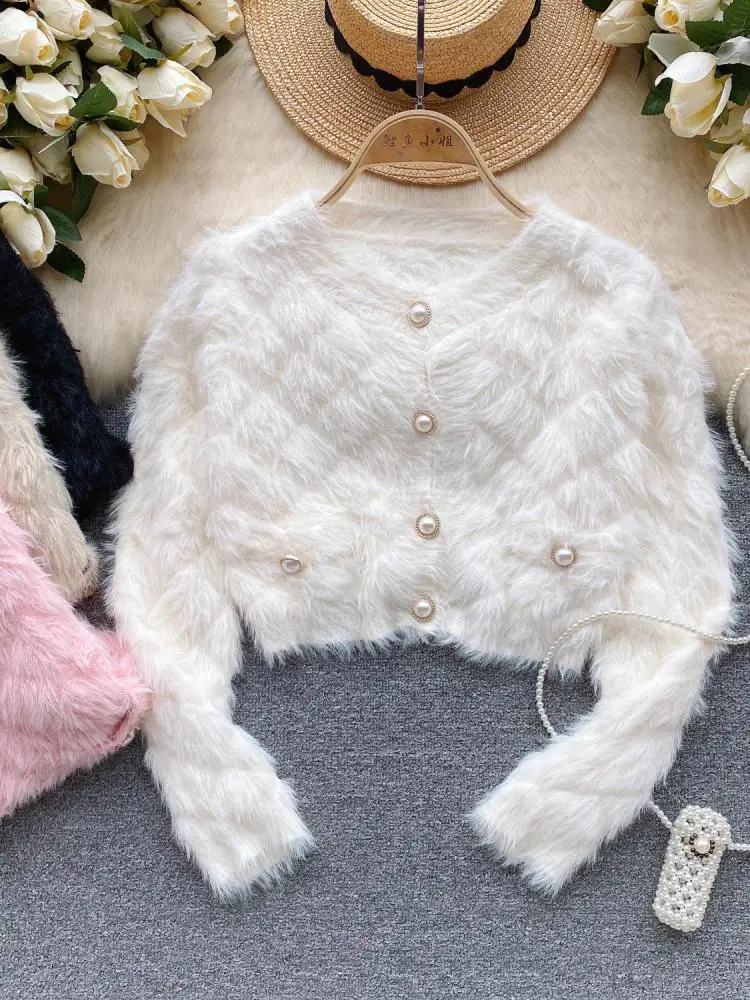 

Female Women Fall Winter Solid Plush Mink Knitted Cardigan Sweater V-neck Long Sleeves Loose Single Breasted Jacket French Retro