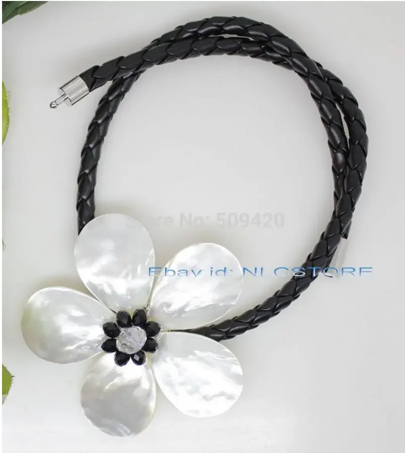 

white sea mother of pearl shell weave flower pendant crystal necklace 18"
