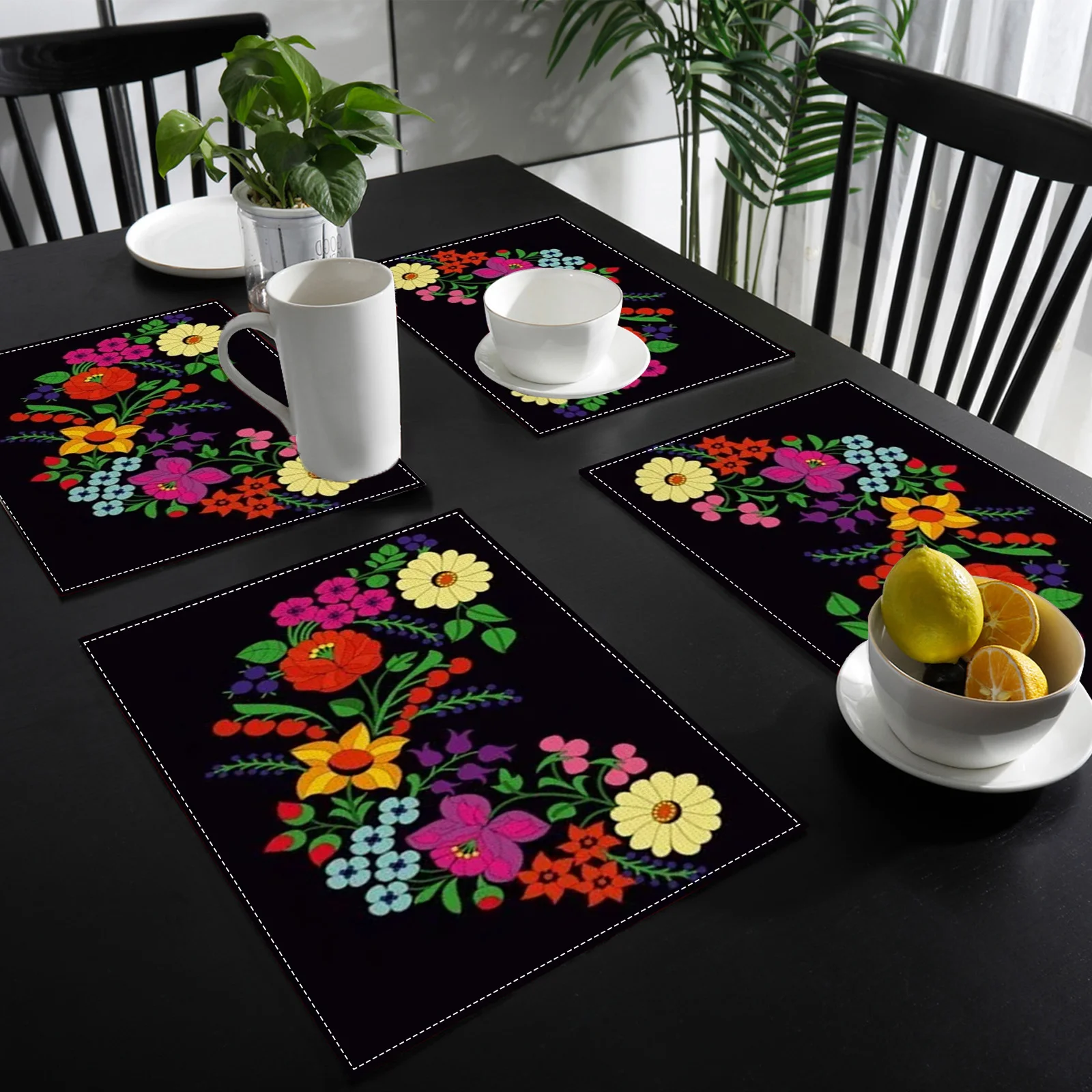 Vibrant Floral Embroidered Placemats Set Colorful Flower Table Mats For Dining Kitchen Home Decor Boho Wedding Party