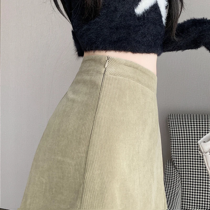 2025 겨울 코듀로이 스커트 반바지 여성 빈티지 플리츠 러플 반바지 루즈 와이드 레그 숏 팬츠 여성용 그레이 블랙 큐롯츠