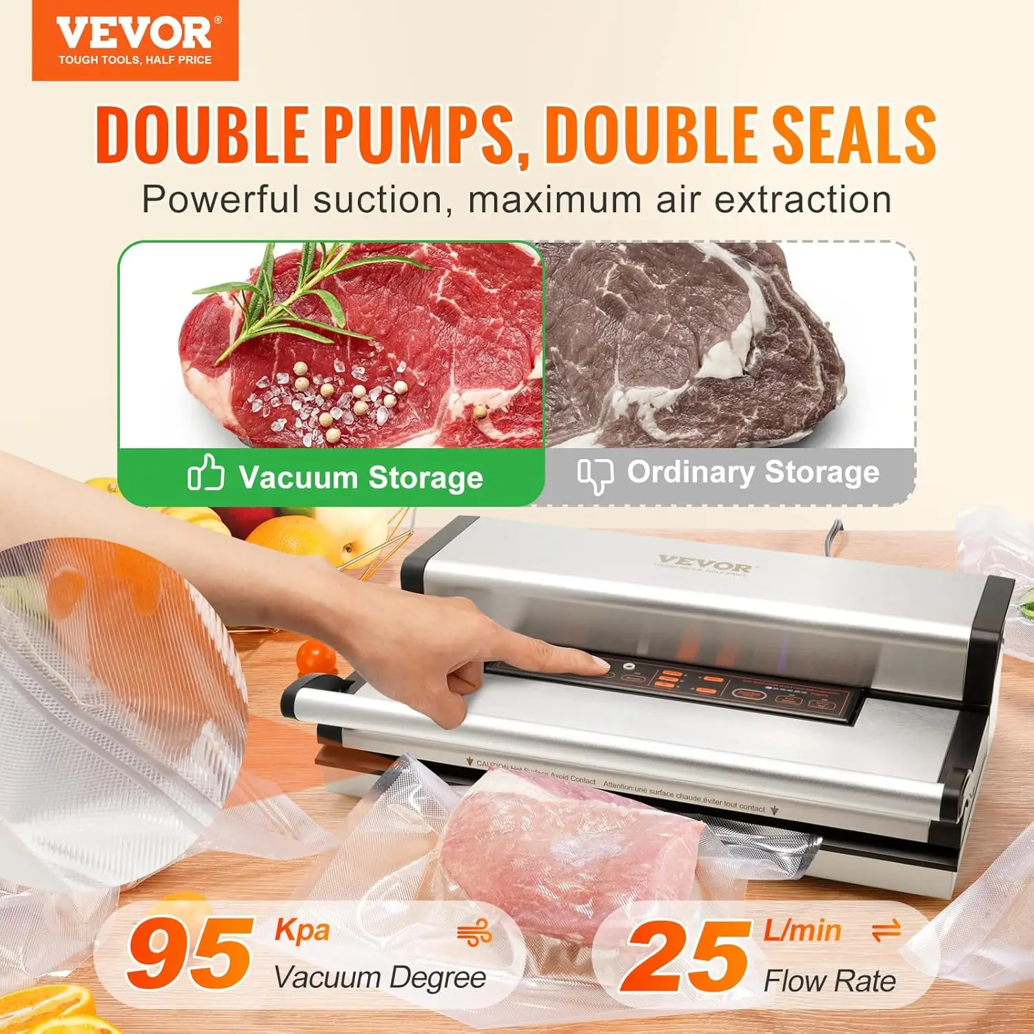 Food Vacuum Sealer Machine, 95Kpa 350W Powerful Dual Pump and Dual Sealing, Dry and Moist Food Storage, Automatic and Manual Air