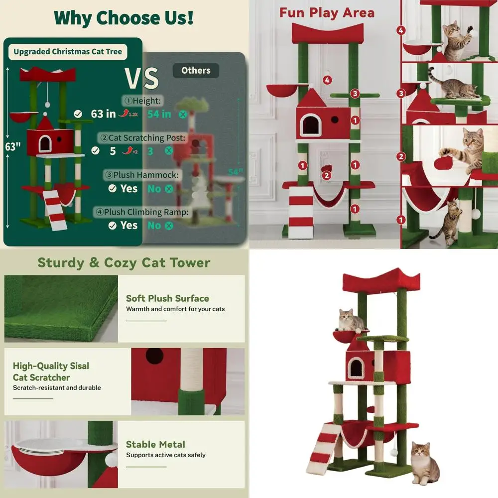 

63-Inch Tall Indoor Christmas-Themed Cat Tree with Scratching Post and Hammock for Holiday Decor