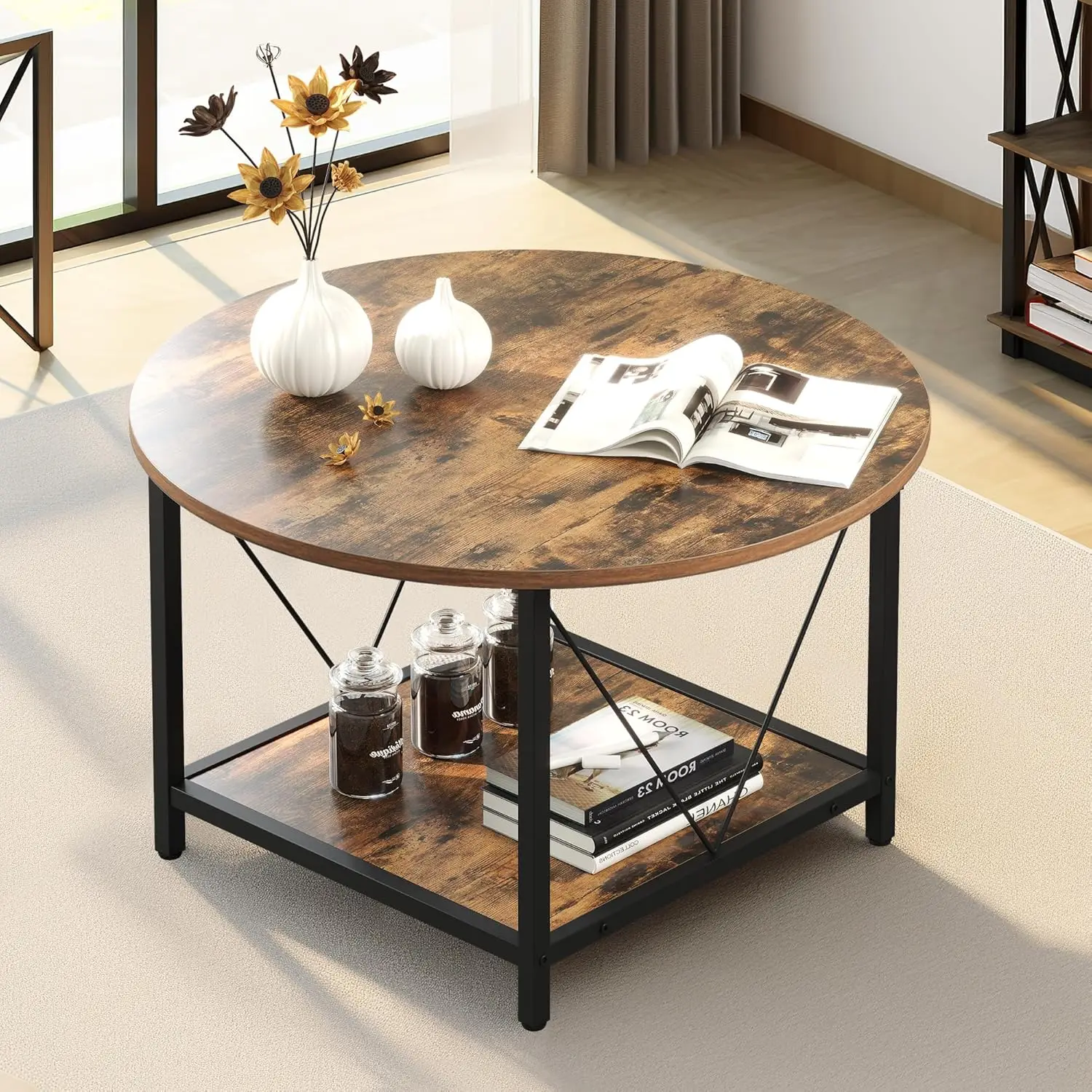 

Round Coffee Table, Rustic Wood Coffee Tables for Living Room with Storage Shelf, Modern Farmhouse Circle Coffee Table Center