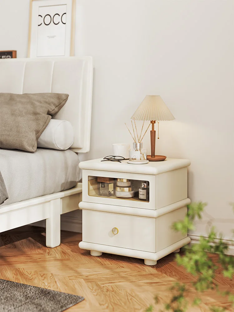 

RVR small apartment bedside table designer, solid wood paint cream wind small apartment bedroom storage locker chest cabinet