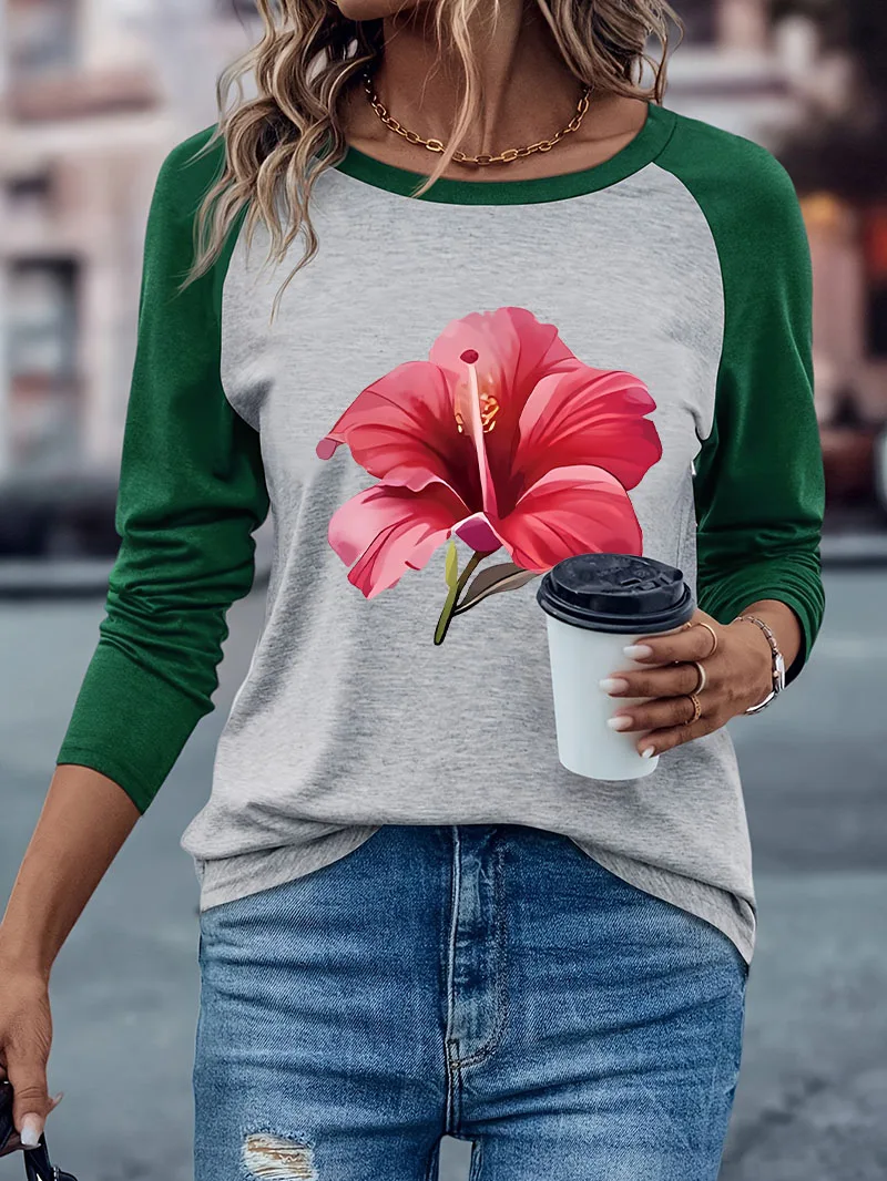 Langarm-T-Shirt Damen Casual Blumenmuster Streetwear Harajuku Winter Herbst Grafik Langärmeliges Bequemes T-Shirt Weiblich – Detail 4