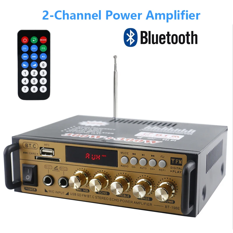 

2-Channel Bluetooth Power Amplifier with Remote Control Normal Audio Input/USB/Storage Card Mini Power Amplifier for Car Home