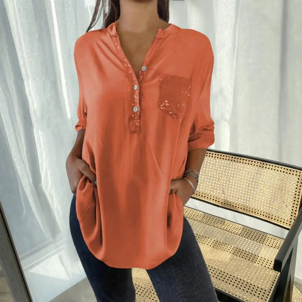 Women Loose Fit Shirt Stylish Women's V-neck Pullover Tops Long Sleeve Blouse With Patch Pocket Loose Fit Buttoned Half Placket