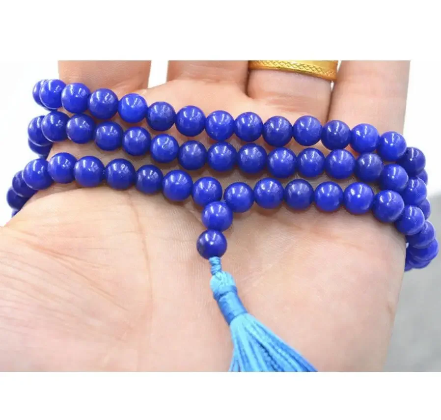 

Fashion jewelry Natural 6mm stone Buddhist Blue Sapphire 108 Prayer Beads Mala Bracelet Necklace jade Jewelry cry