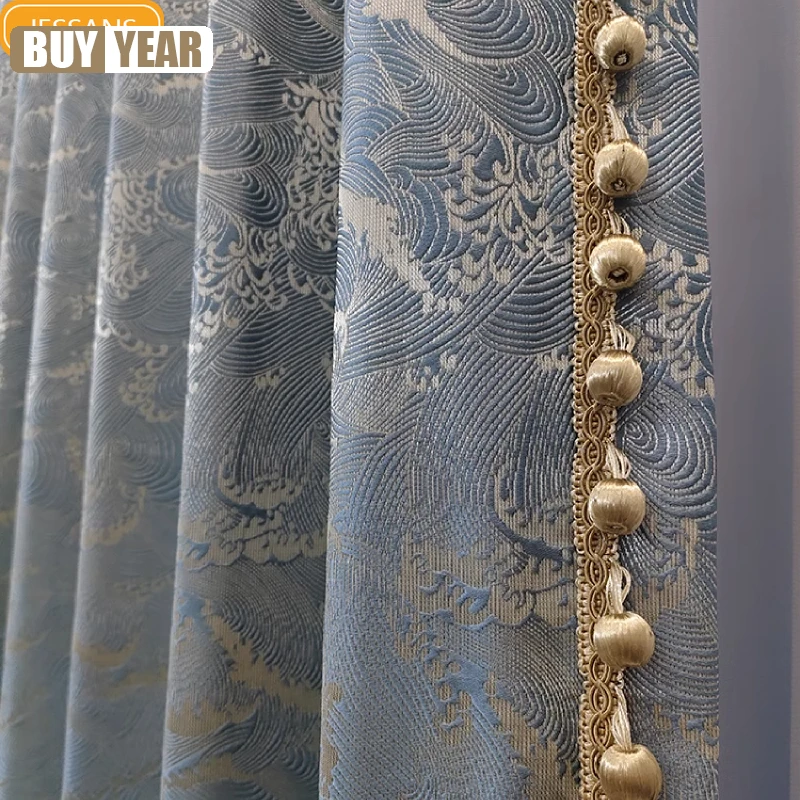 New Chinese Auspicious Clouds Ocean Tide Pattern Blue Gold Silk Jacquard Curtains For Living Room Bedroom French Window Villa