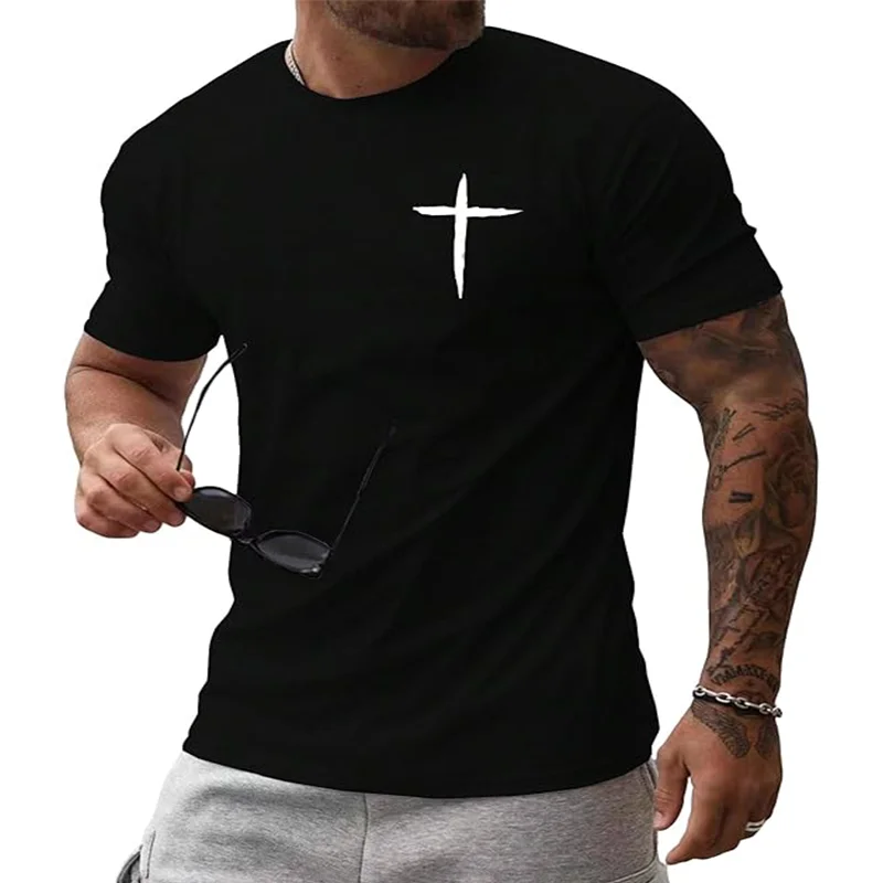 

Summer Men's 100% Cotton Casual Loose Fit Large Cross-Shape Print Round Neck Short Sleeved T-shirt Top High Street Unisex Style