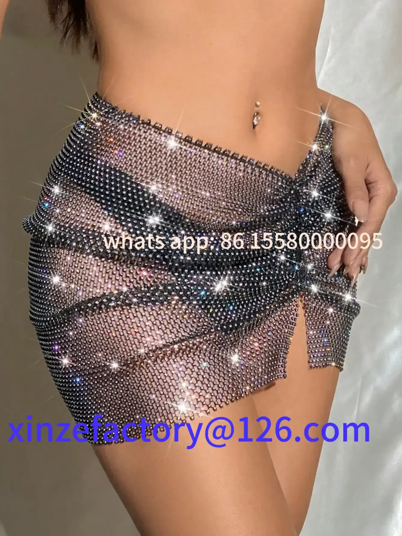 Customizable Rhinestone Fishnet Skirt For Women Sexy Hollow See Through Side Split