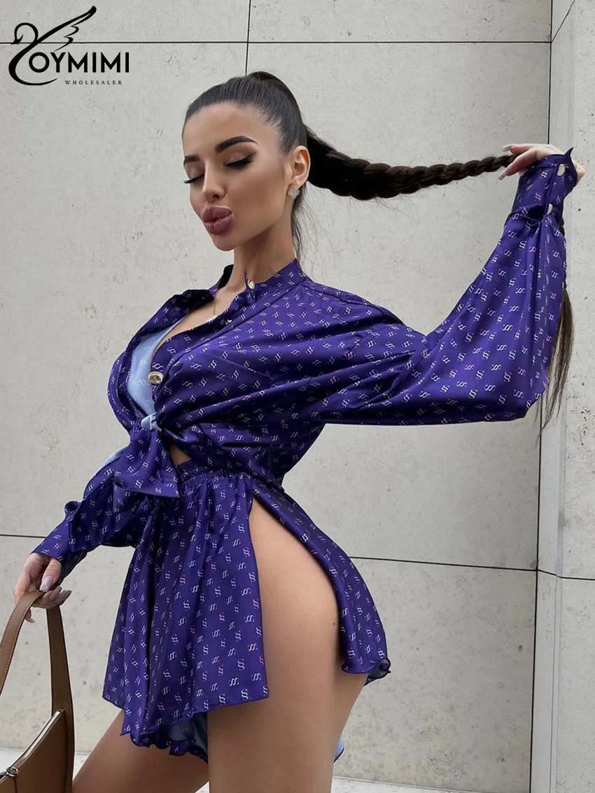 Oymimi Elegant White Print Sets For Women 2 Pieces Fashion Lapel Long Sleeve Button Shirts And High Waisted Side Slit Shorts Set
