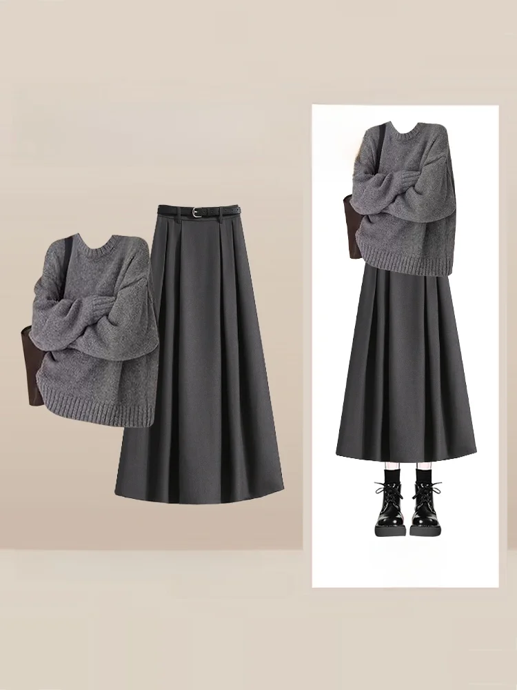 

Женский модный комплект из двух предметов: вязаный джемпер с круглым вырезом и юбка с высокой талией. Осенне-зимний стиль для повседневной носки. Высококачественная вязаная одежда.