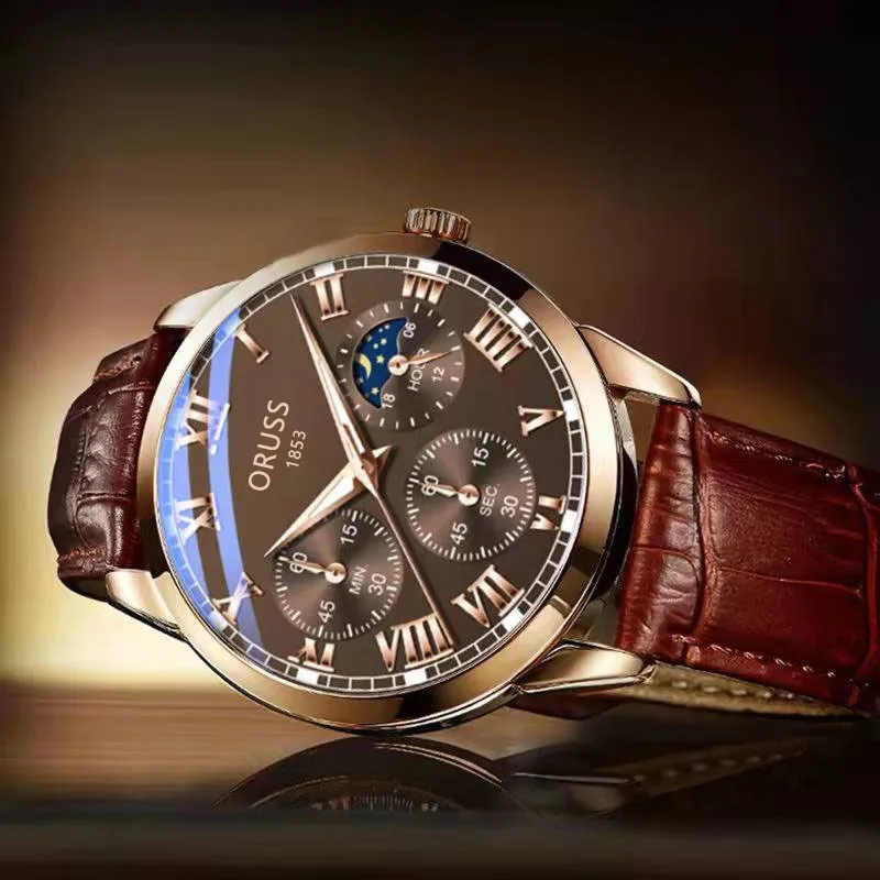 ORUSS Luxury Men\'s Quartz Watch Roman Dial Luminous Hands Waterproof And Comfortable Leather Strap High-Quality Men\'s Watches