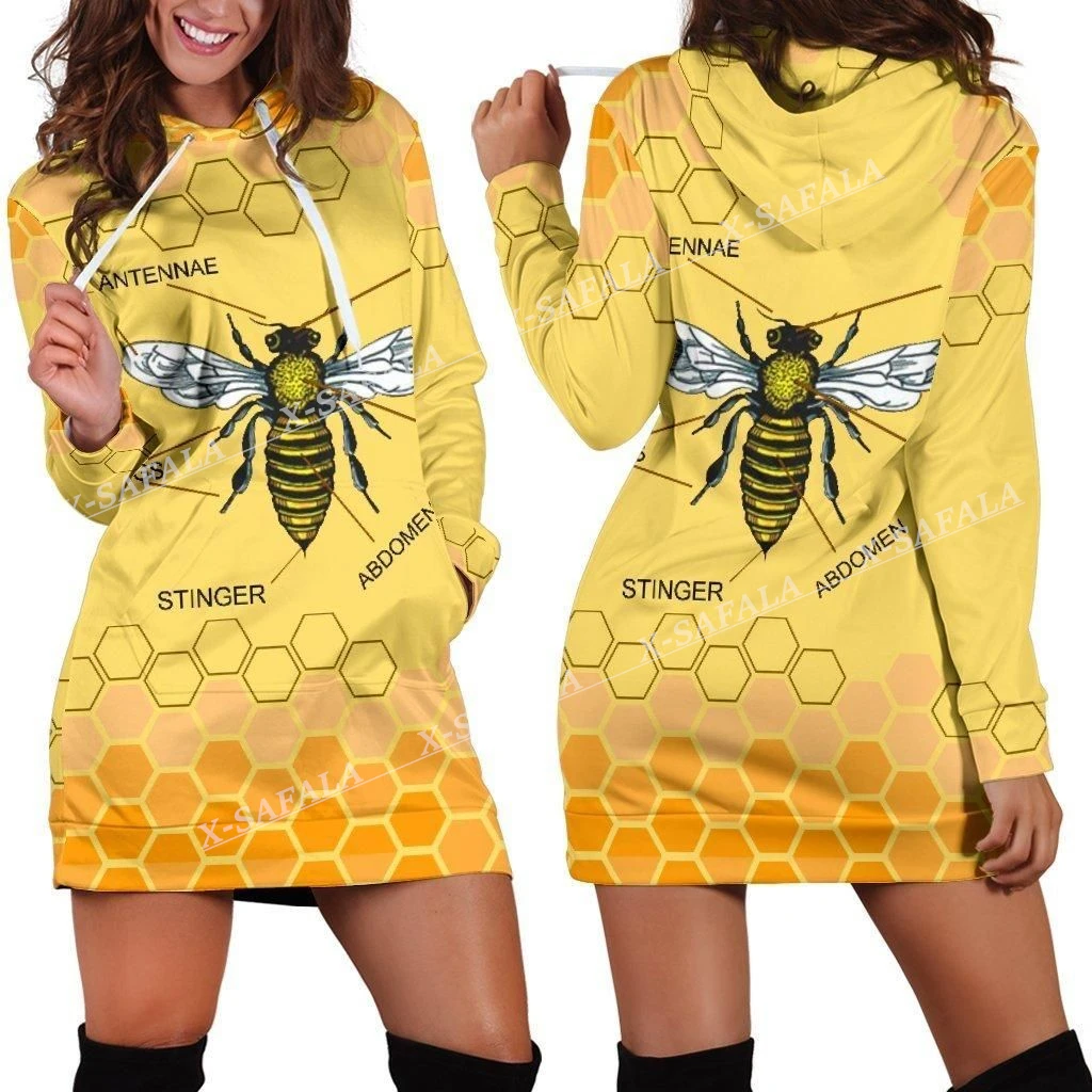 Honey Bee ชุดเดรสแฟชั่นมีฮู้ดพิมพ์ลาย, ชุดเดรสลำลองสำหรับผู้หญิงเสื้อสเวตเชิ้ตมีฮู้ดแขนยาวแบบสวมหัวขนาดเอเชีย3D