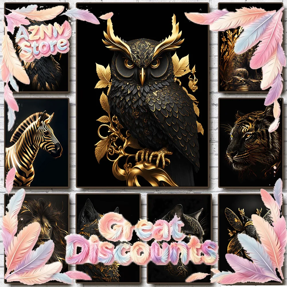 2026 Abstract Black Gold Animal Canvas Painting Owl Tiger Lion Wolf Eagle Zebra Bull Posters Wall Art Pictures for Room Home Dec