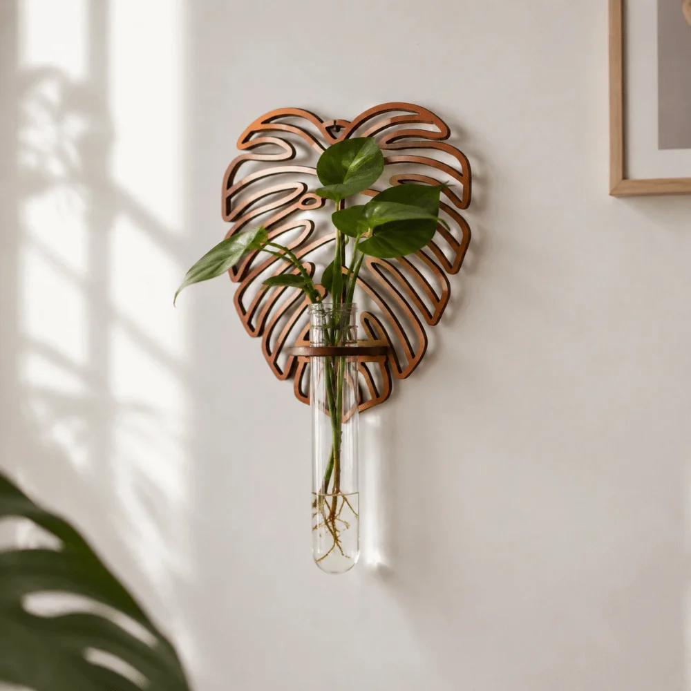Wooden Hydroponic Plant Holder Home Ornaments Vase Wall Mounted Planter Hollow Out Leaf Shape Wall Hanging Planter Shelf