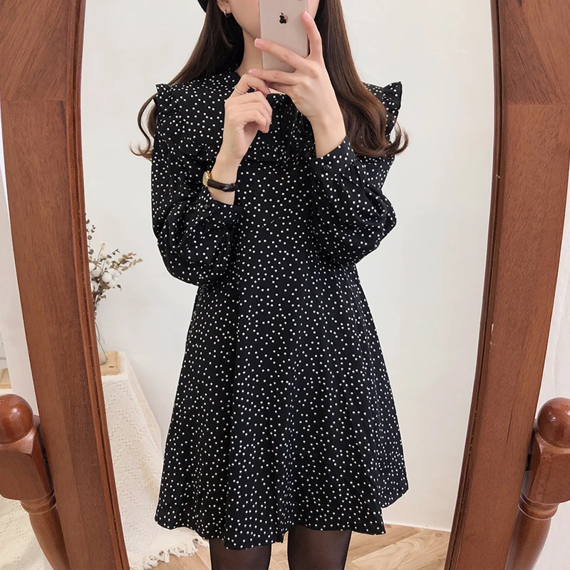 2023 Cute Sweet Dress Hot Sales Women Fashion Korean Style Design A Line Preppy Girls Vintage Polka Dot Ruffled Mini Black Dress