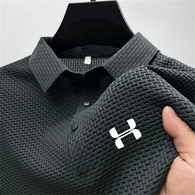Men Summer Waffle Knit Polo Shirt Short Sleeve Lapel Button Business Casual Fashion Print Breathable Golf Tee Tops