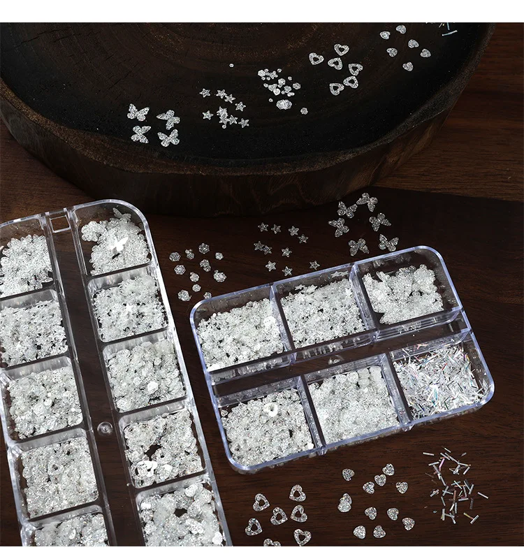 12 Grids Sparkly Silver White Mix Nail Charms Set 3D Fine Glitter Strips Heart Star Butterfly Sequins Decor Manicure Accessories