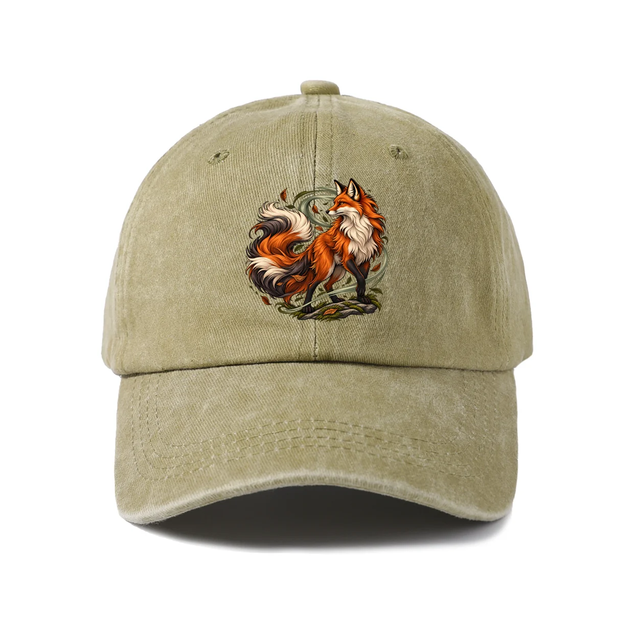 Woodland Fox Illustration Graphic Baseball Cap, Vintage Washed Adjustable Unisex Dad Hat, Everyday Gift