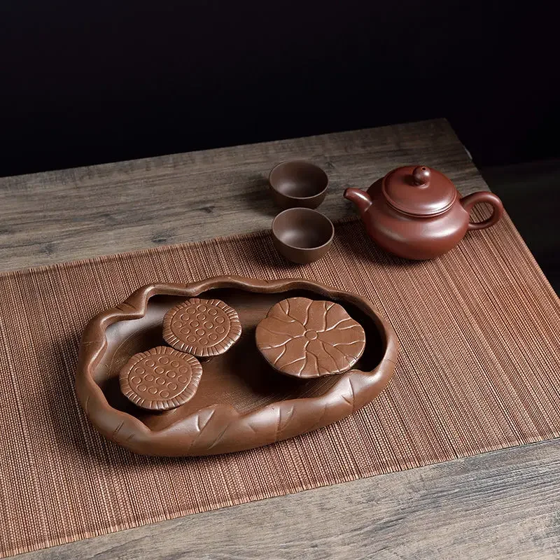 New Chinese Style Purple Clay Kungfu Tea Set Small Tea Tray Household Water Storage Tray Lotus Fortune Dry Tea Set