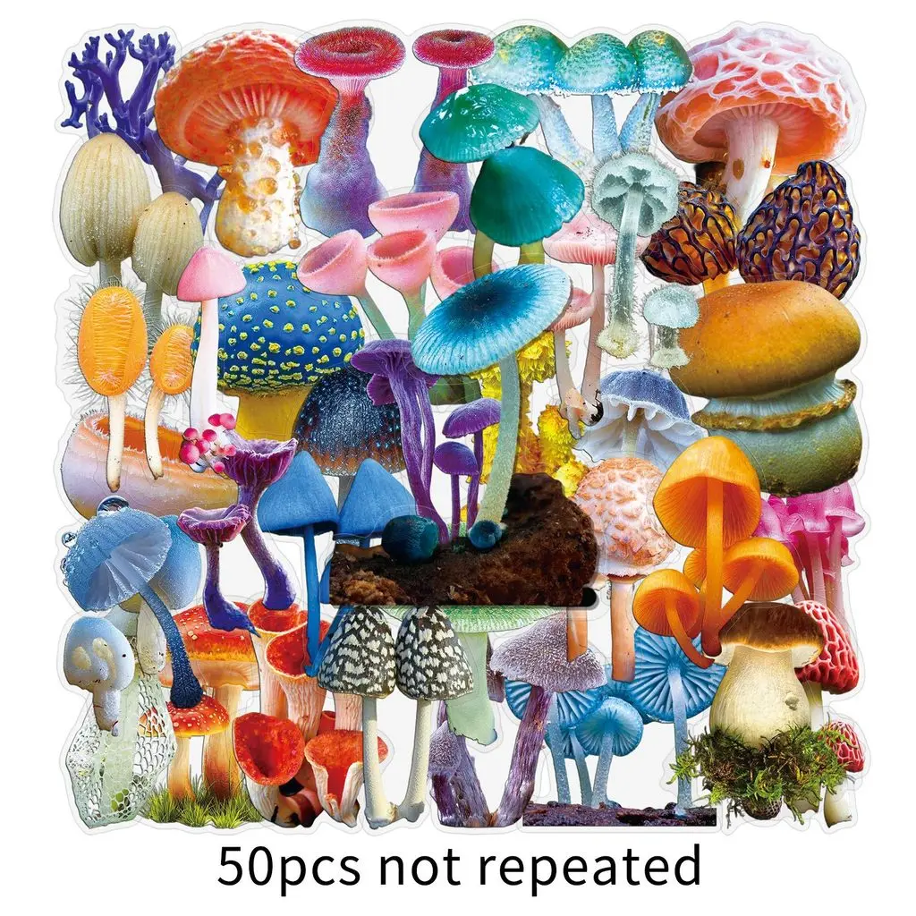 50Pcs Realistic Mushroom PET Transparent Stickers Waterproof Fungi Art Decals for Luggage Fridge Decor Giajar Sticker Store