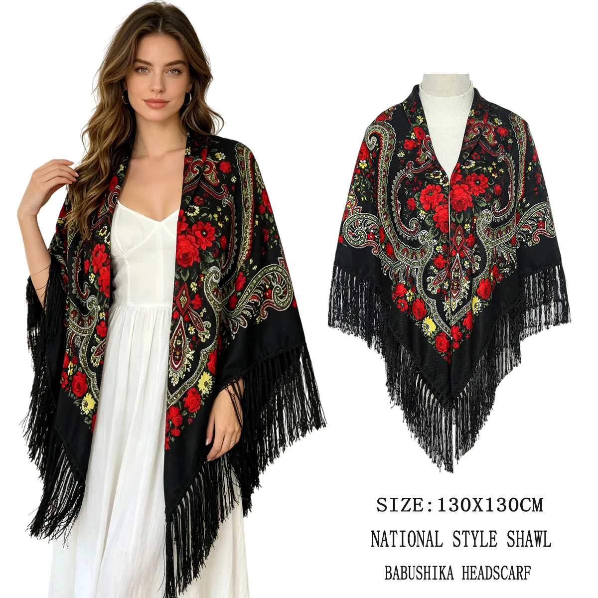 130cm New Russian Square Scarf for Woman Warm Tassel Shawls Floral Print Sunscreen Handkerchief Wraps Babushka Bandana Blankets
