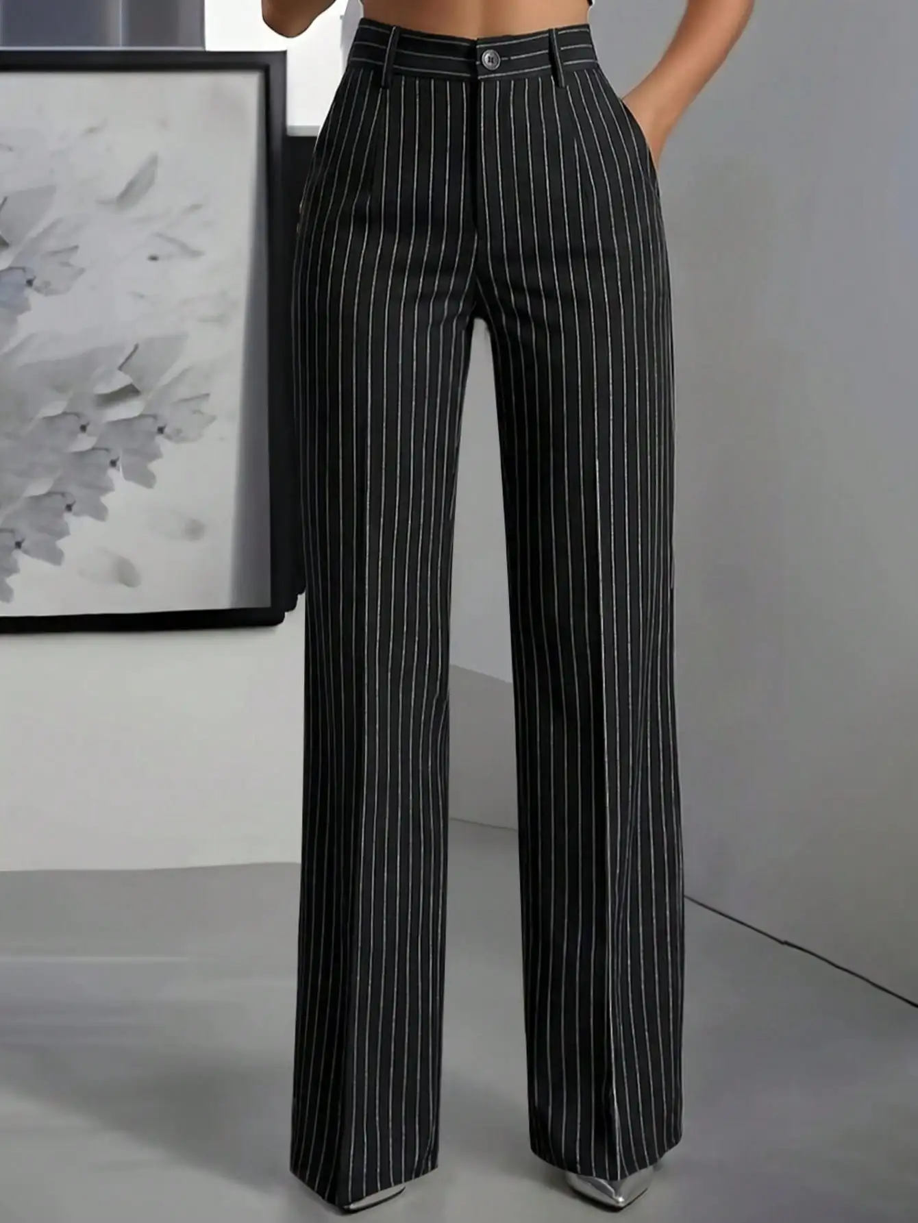 

Женские брюки с высокой талией и широкими штанинами в тонкую полоску, на резинке, весна-лето