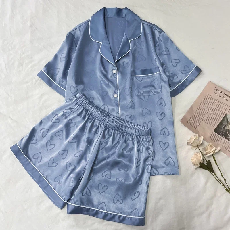 

Blue Cordate Jacquard Women's Classic Pajamas Two-piece Sets Short Female Casual Lounges 2024 New Summer Cool Y2k Lady Sleepwear