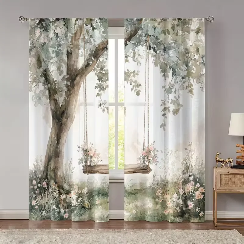 2PCS Multicolor Watercolor Tree Swing And Floral Meadow Pattern Curtains Rod Pocket Design For Bedroom And Living Room