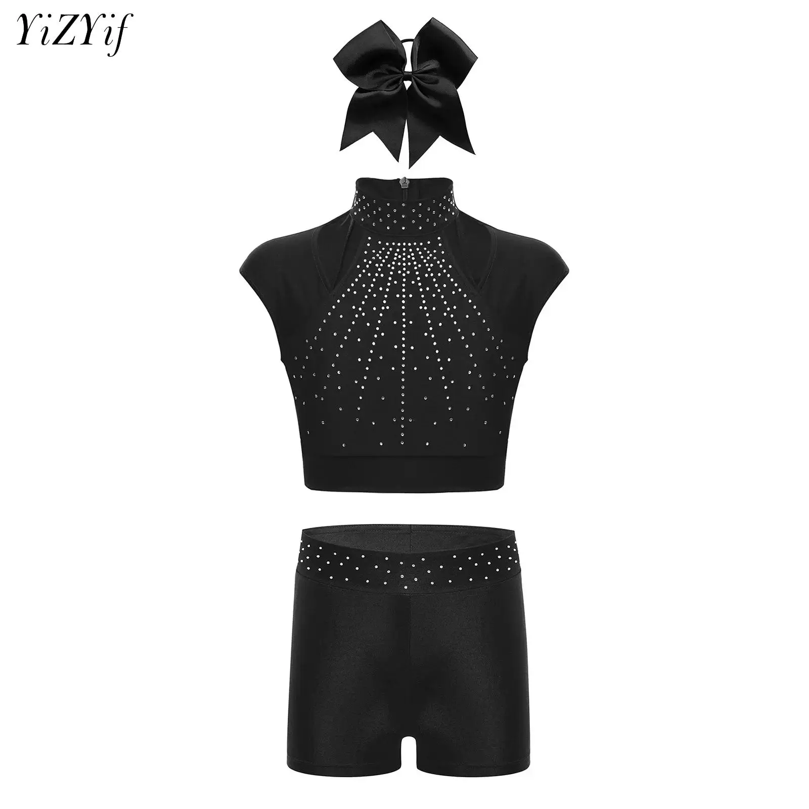

Kids Girls Figure Skating Costume Sleeveless Cutout Crop Top with Shorts Headwear Set Sports Gymnastics Performance Outfits
