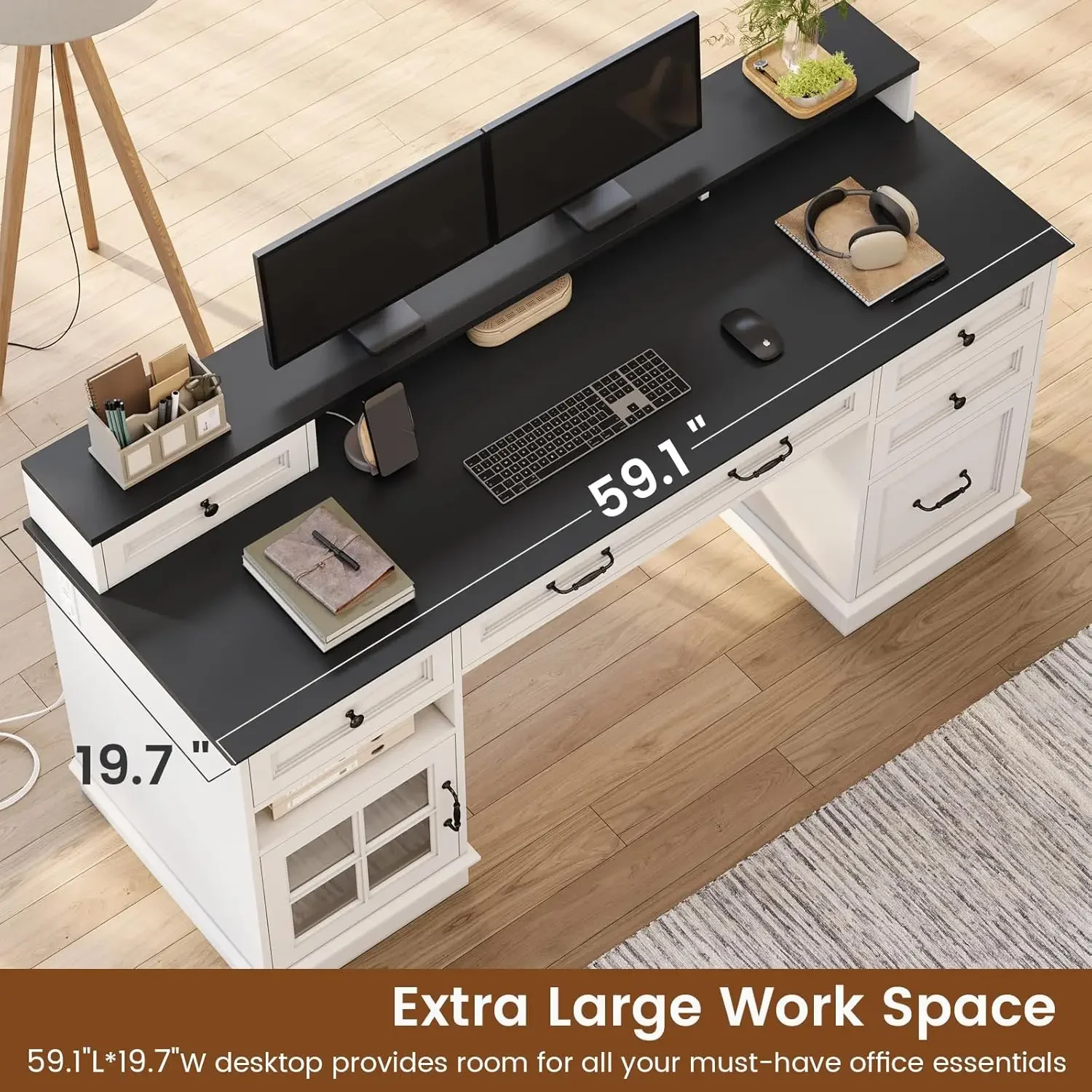 Farmhouse Executive Desk with Drawers Computer Desk ,Power Outlet and Led Lights,Cabinet and Monitor Shelf for Home Office,White image 3