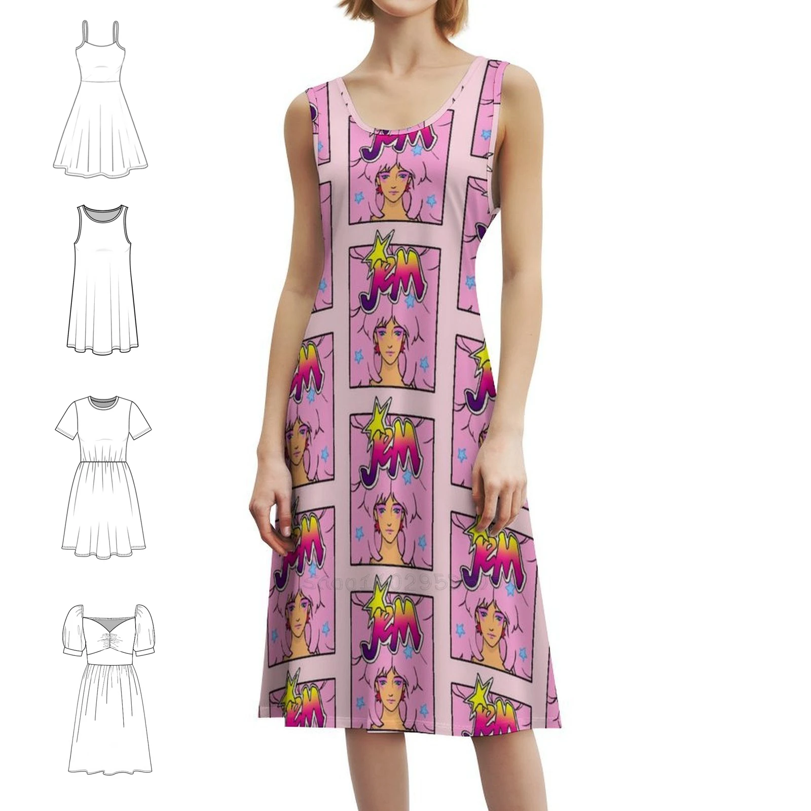 80S Jem And The Holograms فستان بوهيمي عالي الجودة بدون أكمام متعدد الطباعة فستان حفلات عطلة الشاطئ Jem Holograms 80S