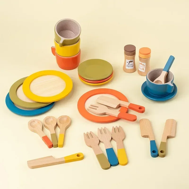 Wooden Kitchen Toy Plates Dishes Montessori Color Matching Cups Simulation Play for Kids Play Cutlery Plate Set for ChildrenGift