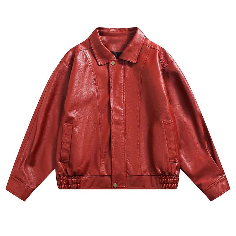 American Retro PU Leather Red Men\'s Jacket Lapel Collar Casual Loose Fitting Fashion Leather Jackets Couple Street Harajuku Coat