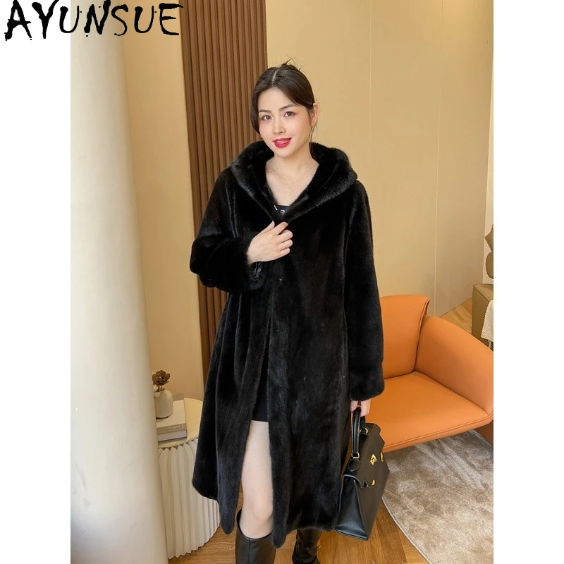 AYUNSUE 고품질 밍크 퍼 코트 여성 신상품 롱 겨울 코트 여성 우아한 아우터웨어 여성 의류