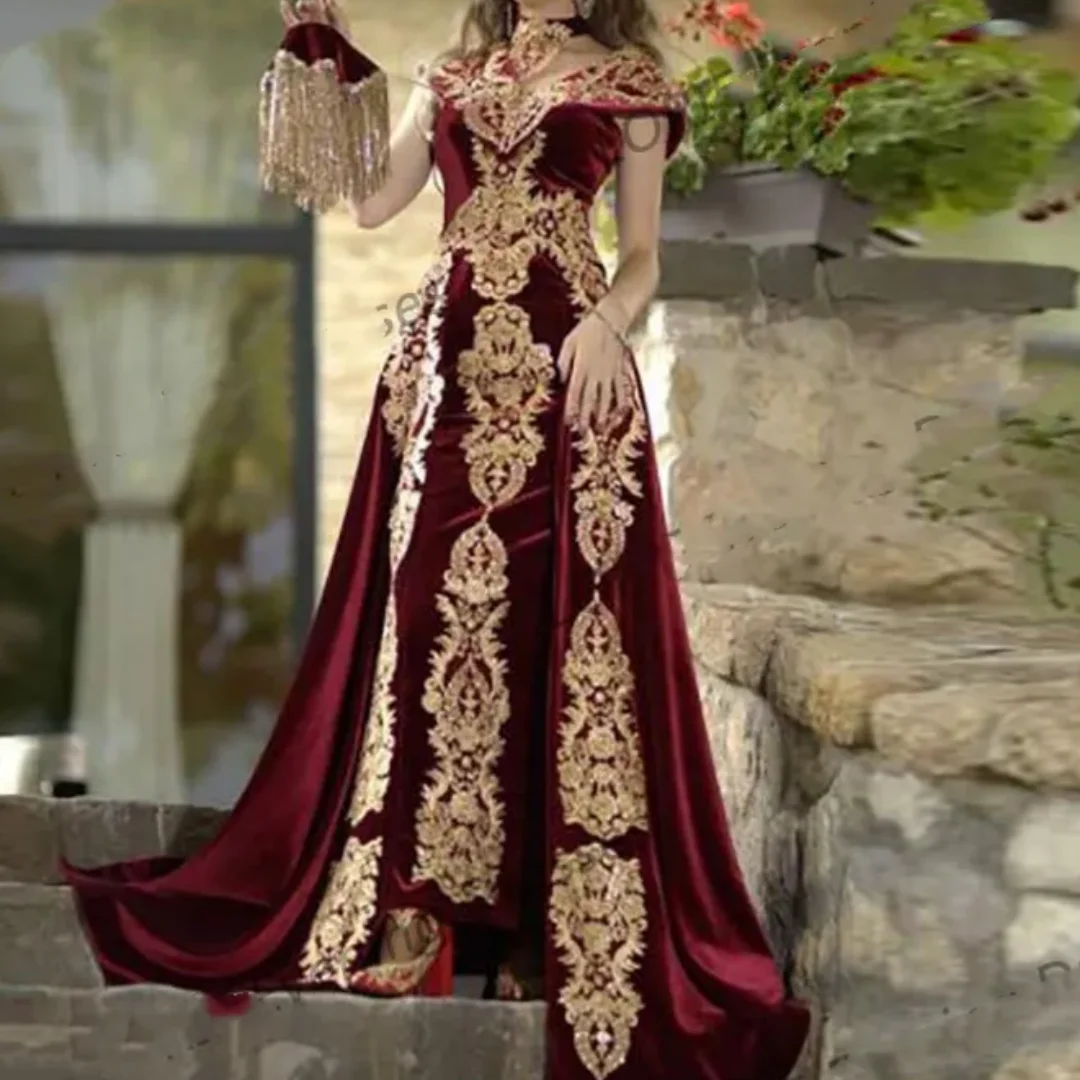 

Elegant Arabic Dubai Burgundy Sheath Formal Evening Dresses with Detachable Appliques Velvet Prom Party Gowns Celebrity Dress