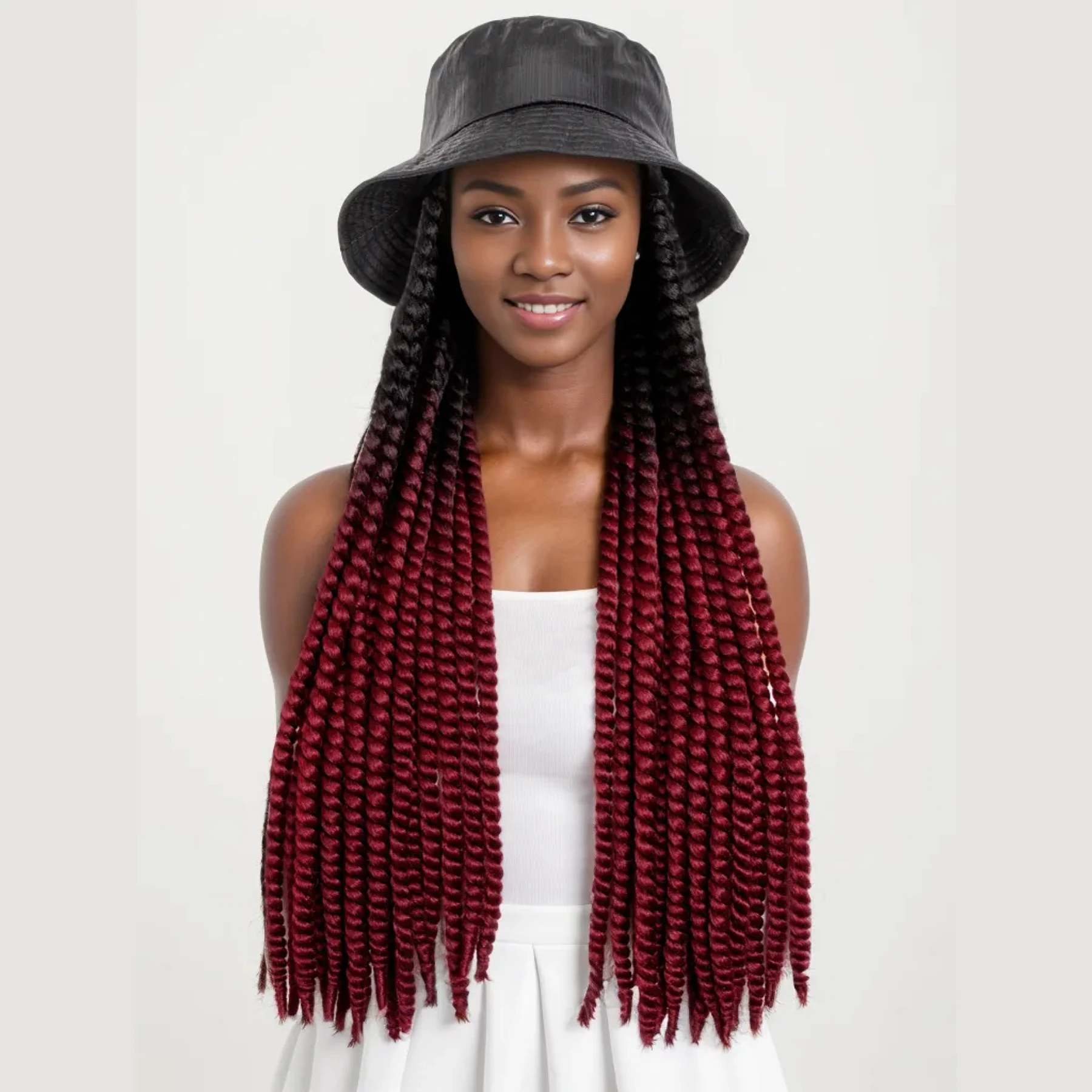 WIGERA Long Ombre Black Burgundy Synthetic Havana Mambo Twist Braided Hair Extensions Cap Wig Spring Braiding With Bucket Hat