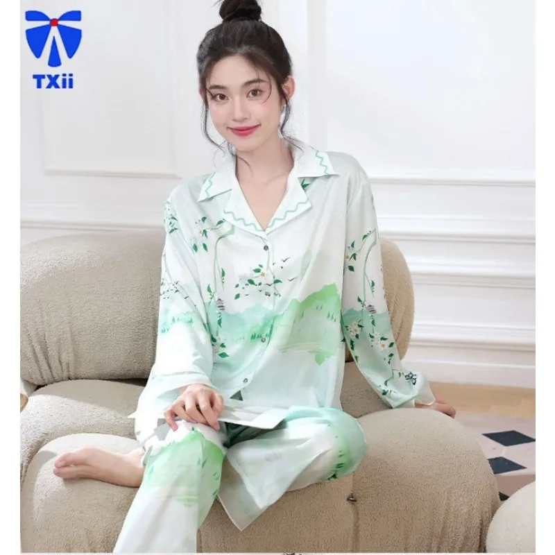 High-grade Ice Silk Pajamas Women's Long-sleeved Trousers Thin Imitation Silk Spring and Autumn Home Clothes Age-reducing