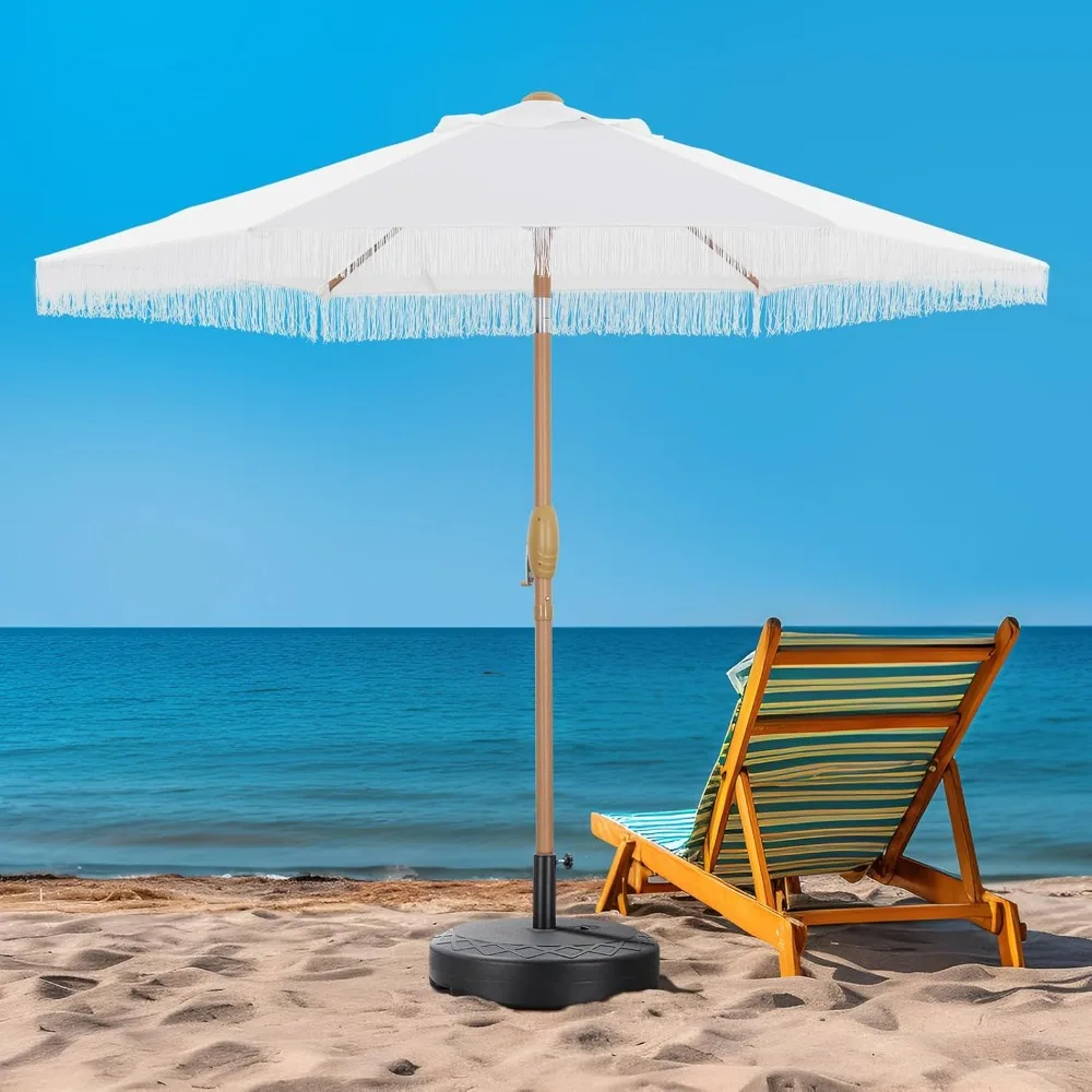

7.5 ft Tassel Patio Umbrella, Fringe with Base Umbrella - Stylish Beach, Pool, and Yard Umbrella for Ultimate Outdoor Decor