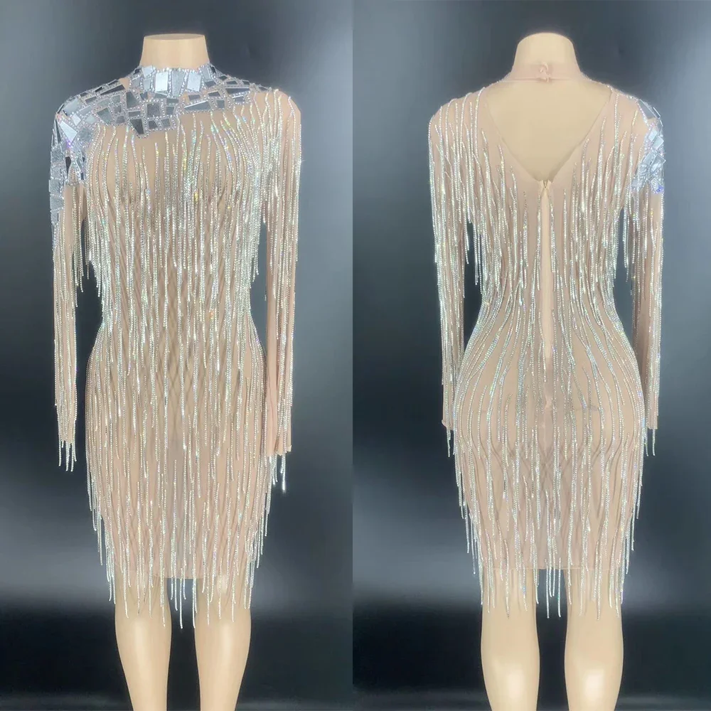 Błyszczące cekiny lustrzane odblaskowe kryształowe frędzle kobiety ubierają Backless sukienka z długim rękawem strój do klubu nocnego kostium na przyjęcie urodzinowe
