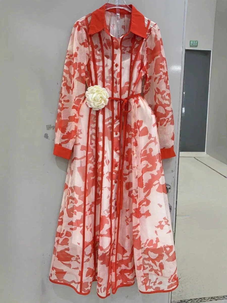 

2025 Spring and Summer New Single-breasted Shirt Dress Retro Printed Loose Maxi Dress with Three-dimensional Flower Belt-GZXX112