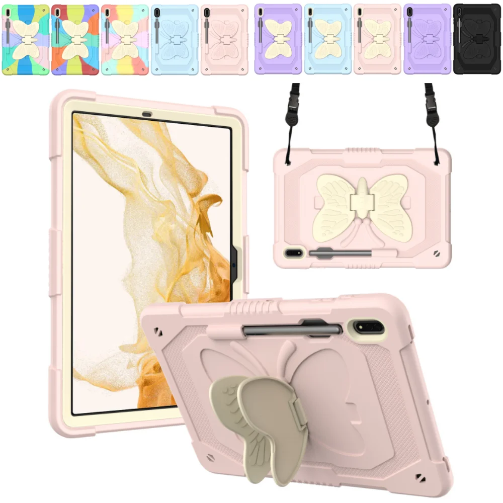 Case for Samsung Galaxy Tab S8 Plus 12.4 inch X800 S7 FE 12.4 T730 S7 Plus T970 Cover with Butterfly Kickstand & Shoulder Strap