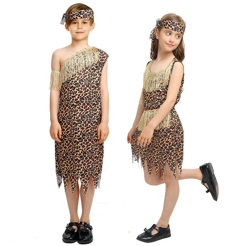 Детские примитивные костюмы дикого пещерного человека для мальчиков и девочек, леопардовые комплекты платьев для косплея на Хэллоуин в африканском племени вождя