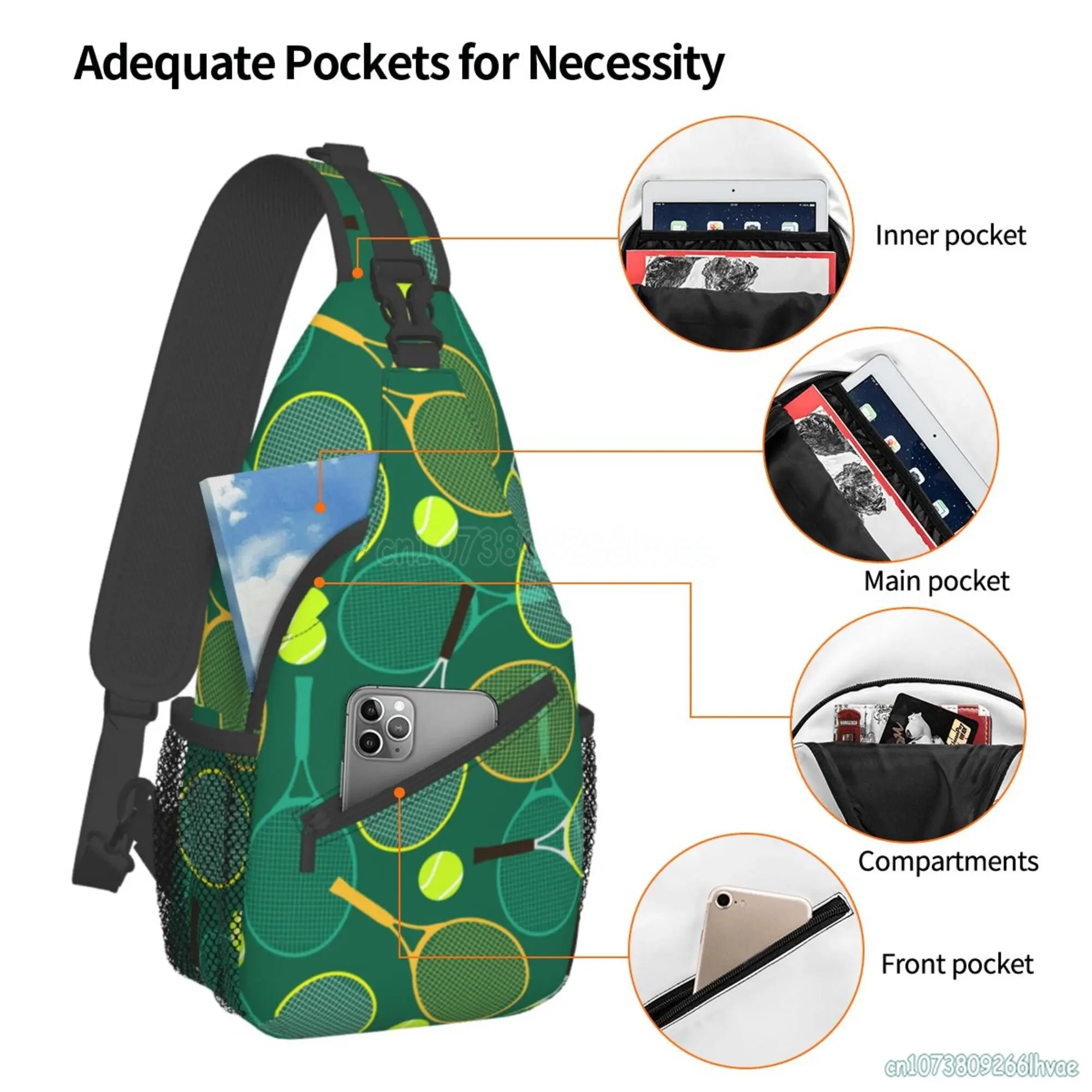 Raquetes de tênis e bolas impressão ao ar livre estilingue mochila crossbody saco de peito daypack para caminhadas viagem unisex saco de peito daypack