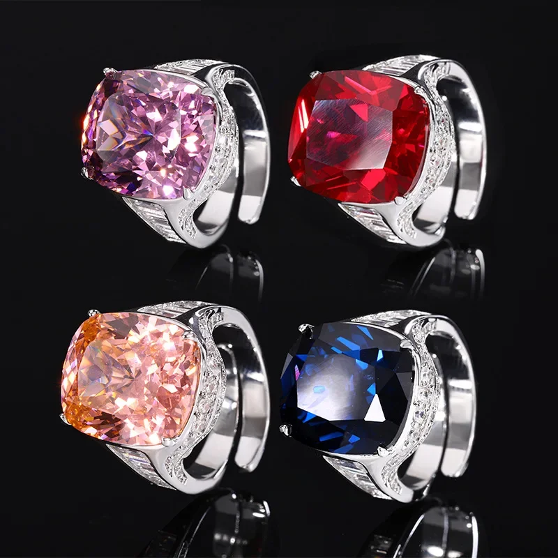 

S925 Silver Plated 18K Gold Plated PT950 Platinum Retro Fashion Corundum Fat Square Ring for Women 14*16
